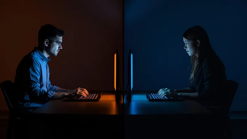 Man and woman in separate frames on split screen, warm lighting, evening