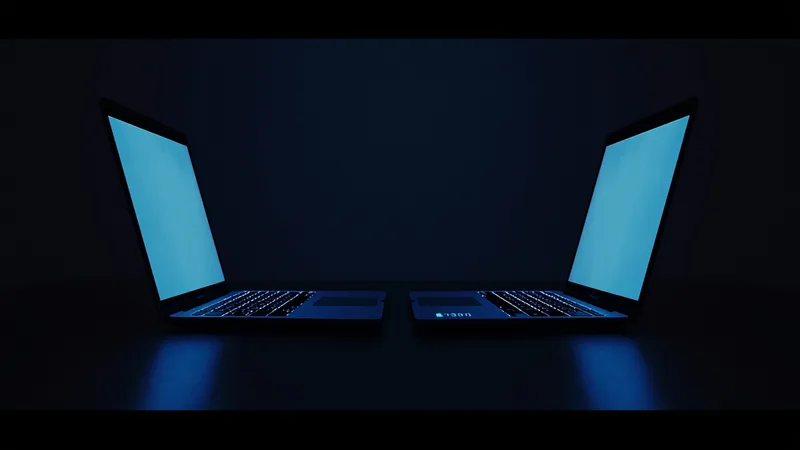 Two laptop screens facing each other in a dark room, screens glowing