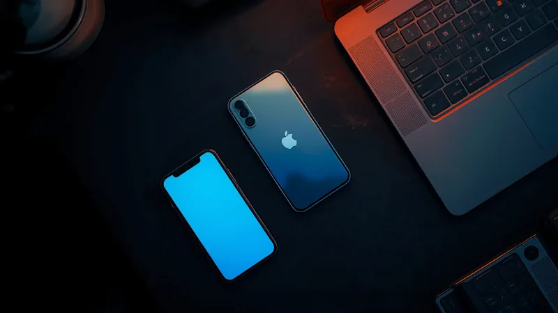 Two phones and laptop on a dark desk, screens glowing