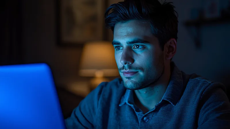 Man on video call at night, laptop screen glow, relaxed expression