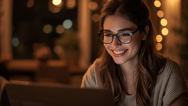 Woman smiling at a laptop screen, warm light, evening setting