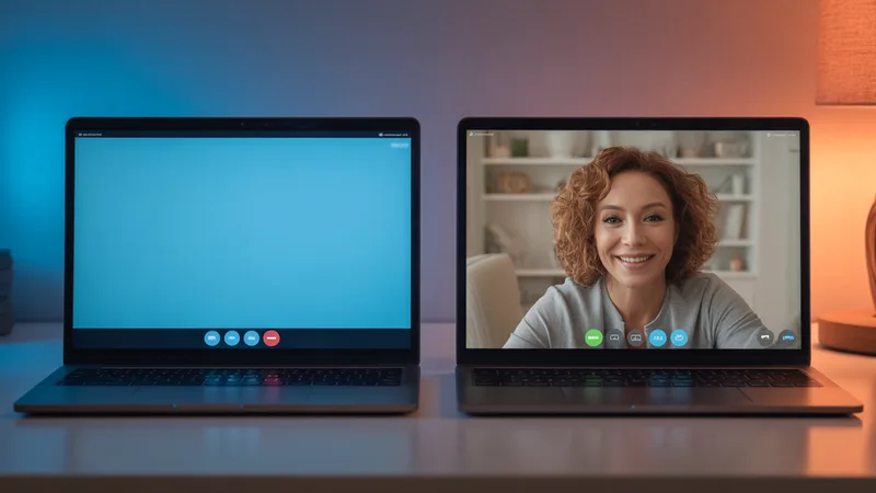 Two laptop screens side by side, one cold blue empty chat, one warm video call with woman visible