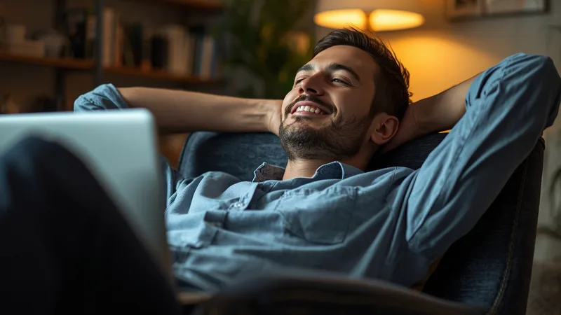 Man leaning back from laptop, satisfied, warm room light