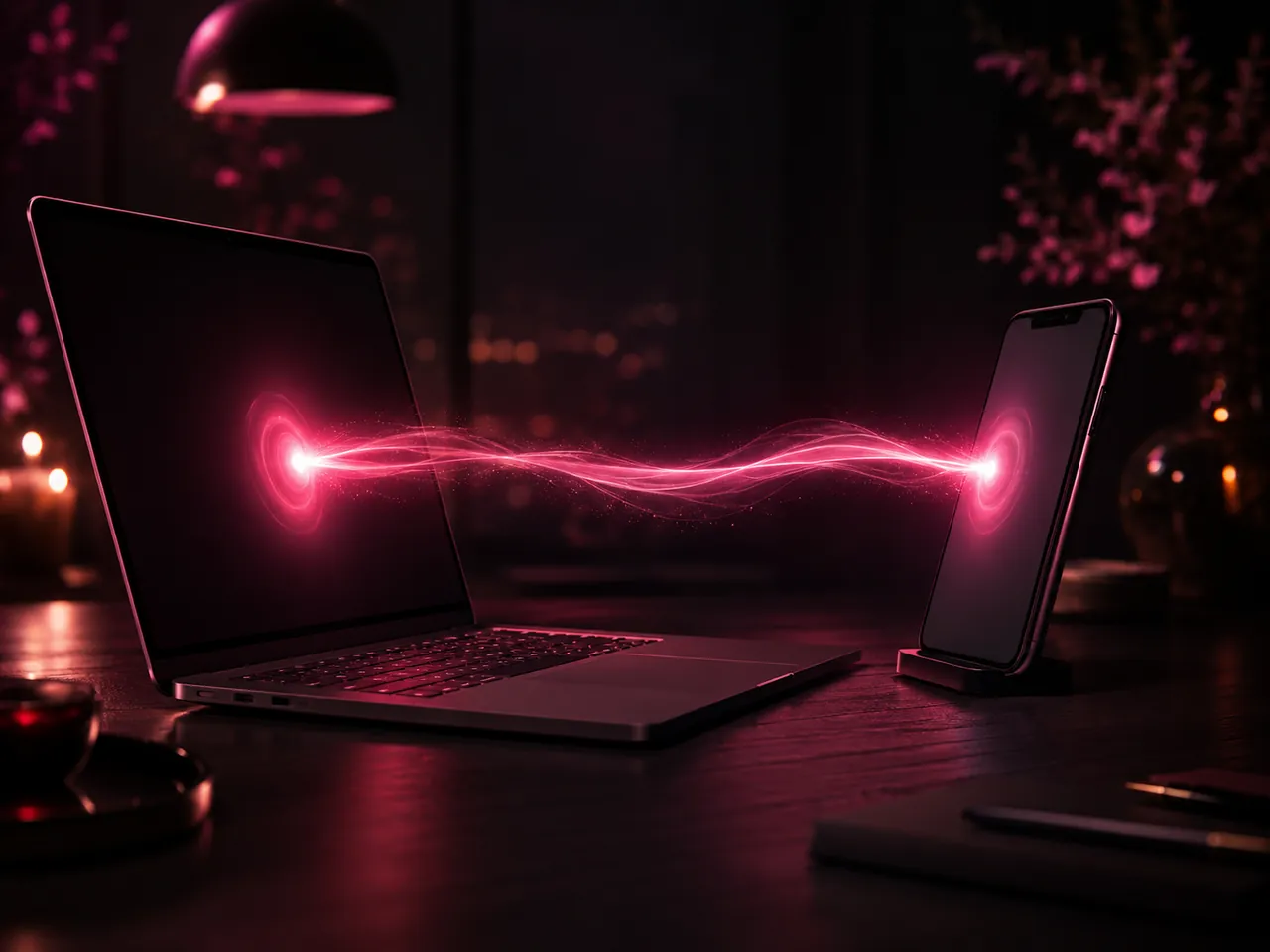 A laptop and phone joined by a glowing link — a private 1-on-1 line