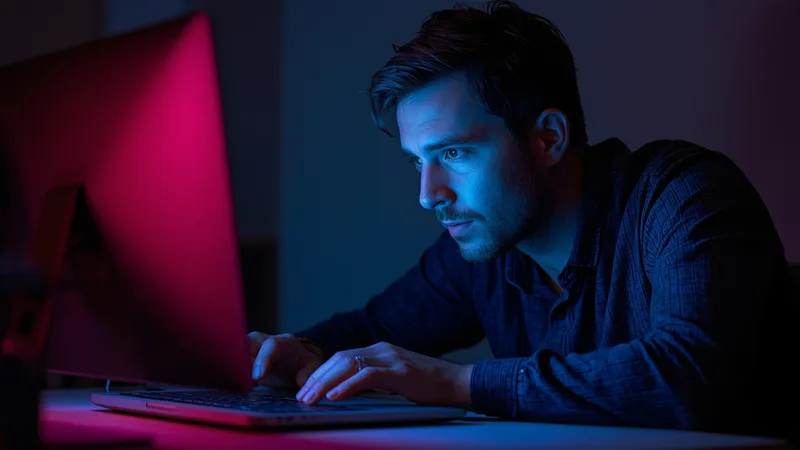 Man at desk at night, leaning toward laptop, interested expression, blue-pink screen glow
