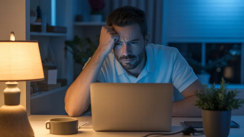 Man at laptop late at night, looking at screen, dim blue light