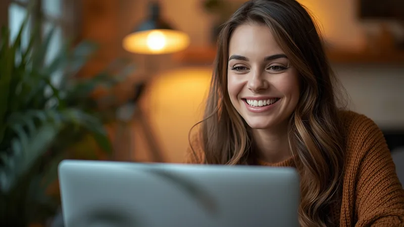A woman smiling at her laptop, mid-conversation on ChatMe