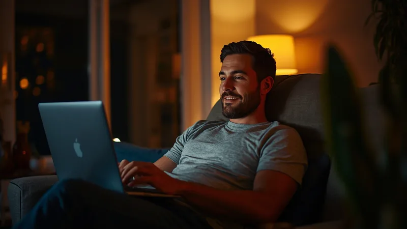 Man at laptop in the evening, relaxed posture, warm room light
