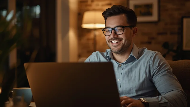 Man at laptop looking pleased, casual home setting, warm lighting