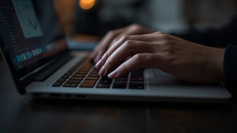 Close-up of hands near a laptop keyboard, soft background