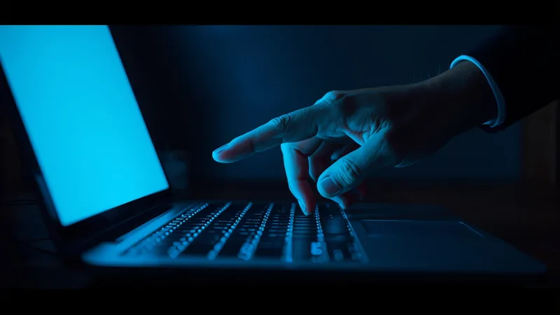 Close-up of a hand reaching toward a laptop screen